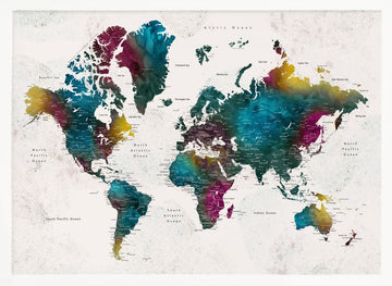 Vibrant Watercolor World Map | Poster - White Frame Interior