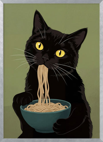 Black Cat Noodle Feast | Poster - Silver Frame Interior