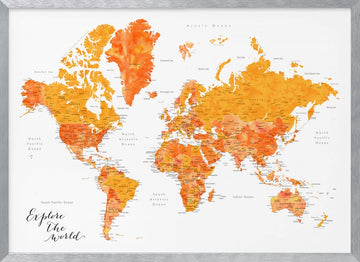 Orange Watercolor World Map | Poster - Silver Frame Interior