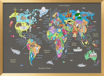 Colorful World Map | Poster - Gold Frame Interior