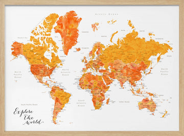 Orange Watercolor World Map | Poster - Wood Frame Interior