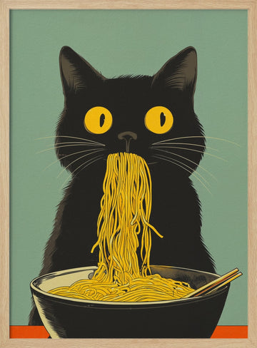 Black Cat Noodle Feast | Poster - Wood Frame Interior