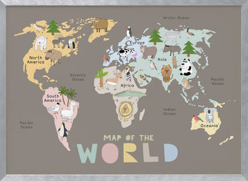World Map with Cute Animals | Poster - Silver Frame Interior