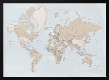 Neutral Tone World Map | Poster - Black Metal Frame Interior