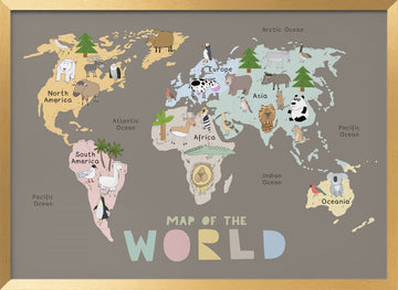 World Map with Cute Animals | Poster - Gold Frame Interior