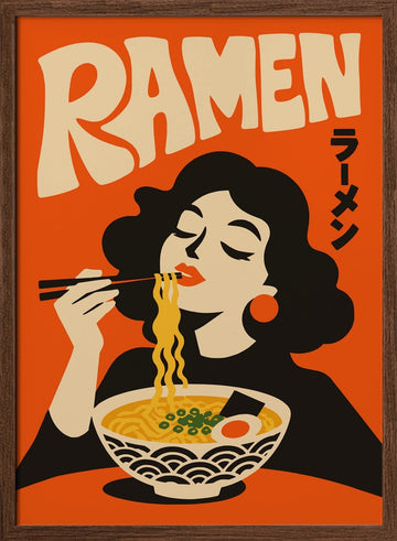 Woman Eating Ramen | Poster - Walnut Frame Interior