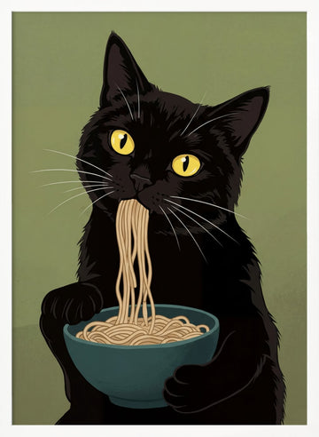 Black Cat Noodle Feast | Poster - White Frame Interior