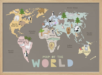 World Map with Cute Animals | Poster - Wood Frame Interior