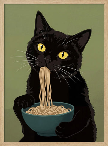 Black Cat Noodle Feast | Poster - Wood Frame Interior