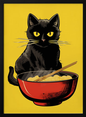 Black Cat Ramen Bowl | Poster - Black Metal Frame Interior