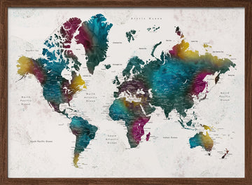 Vibrant Watercolor World Map | Poster - Walnut Frame Interior
