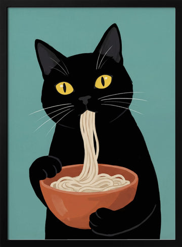 Black Cat Eating Noodles | Poster - Black Metal Frame Interior