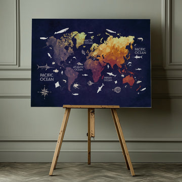 Vibrant World Oceans Map | Canvas - Room Interior 1