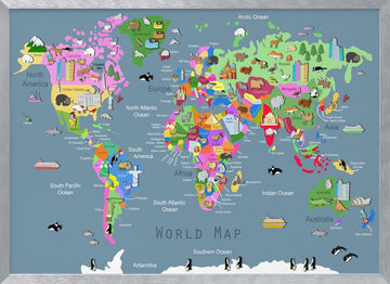 Colorful World Animal Map | Poster - Silver Frame Interior