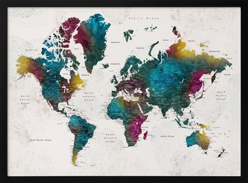 Vibrant Watercolor World Map | Poster - Black Metal Frame Interior