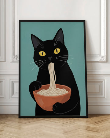 Black Cat Eating Noodles | Poster - Room Interior 1