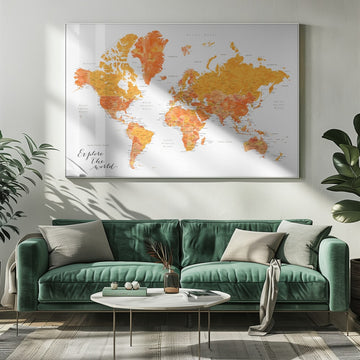 Orange Watercolor World Map | Poster - Room Interior 1