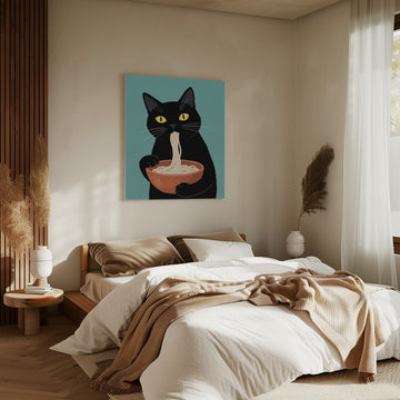 Black Cat Eating Noodles | Canvas - Room Interior 2