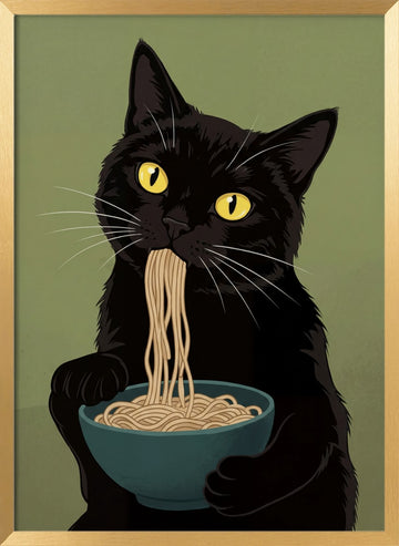 Black Cat Noodle Feast | Poster - Gold Frame Interior