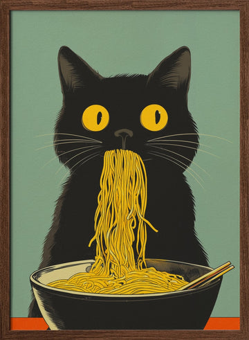 Black Cat Noodle Feast | Poster - Walnut Frame Interior