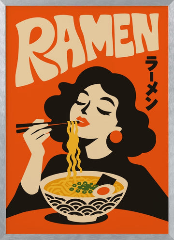 Woman Eating Ramen | Poster - Silver Frame Interior