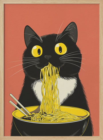Slurping Cat Noodles | Poster - Wood Frame Interior