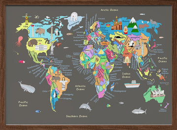 Colorful World Map | Poster - Walnut Frame Interior