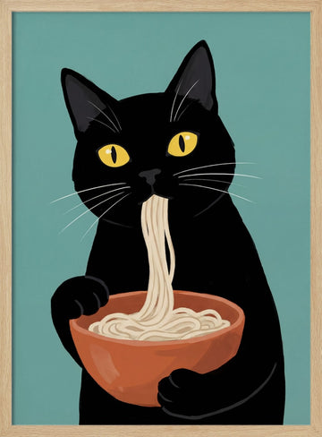 Black Cat Eating Noodles | Poster - Wood Frame Interior