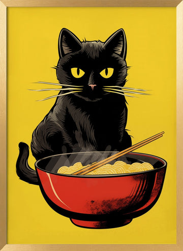 Black Cat Ramen Bowl | Poster - Gold Frame Interior