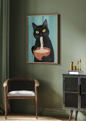Black Cat Eating Noodles | Poster - Room Interior 2