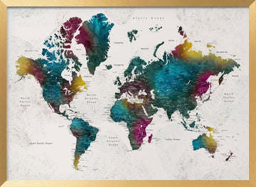 Vibrant Watercolor World Map | Poster - Gold Frame Interior