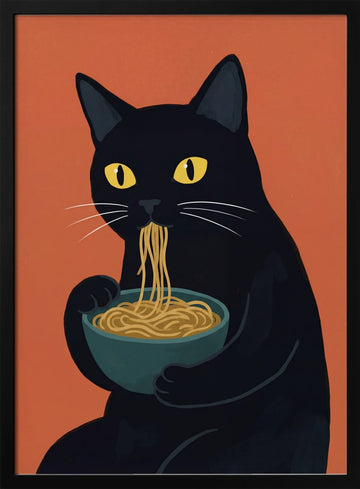 Funny Cat Eating Ramen | Poster - Black Metal Frame Interior