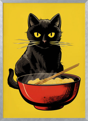 Black Cat Ramen Bowl | Poster - Silver Frame Interior