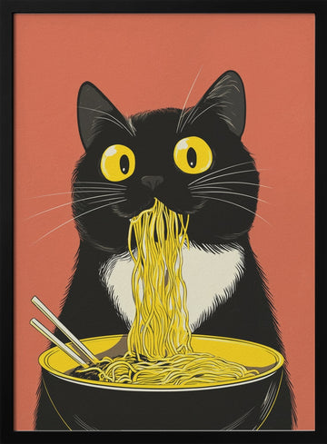Slurping Cat Noodles | Poster - Black Metal Frame Interior