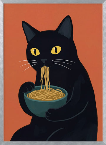 Funny Cat Eating Ramen | Poster - Silver Frame Interior
