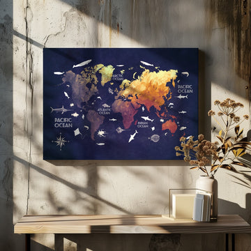 Vibrant World Oceans Map | Canvas - Room Interior 2