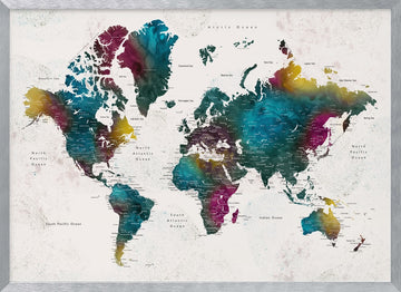 Vibrant Watercolor World Map | Poster - Silver Frame Interior