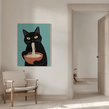 Black Cat Eating Noodles | Canvas - Room Interior 1