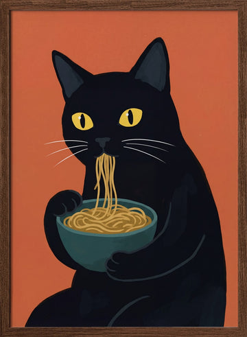 Funny Cat Eating Ramen | Poster - Walnut Frame Interior