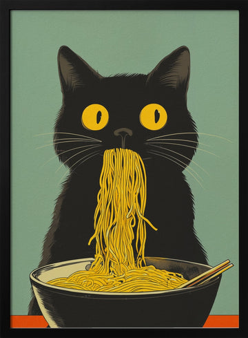 Black Cat Noodle Feast | Poster - Black Metal Frame Interior
