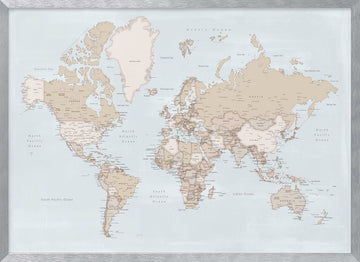 Neutral Tone World Map | Poster - Silver Frame Interior