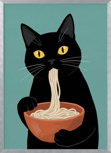Black Cat Eating Noodles | Poster - Silver Frame Interior