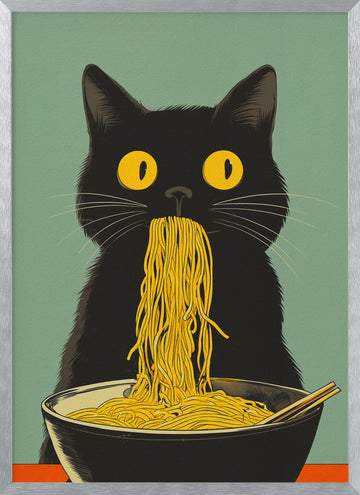 Black Cat Noodle Feast | Poster - Silver Frame Interior