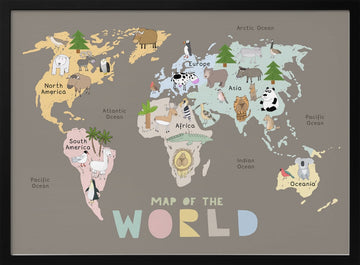World Map with Cute Animals | Poster - Black Metal Frame Interior