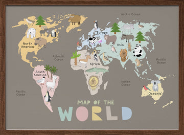 World Map with Cute Animals | Poster - Walnut Frame Interior
