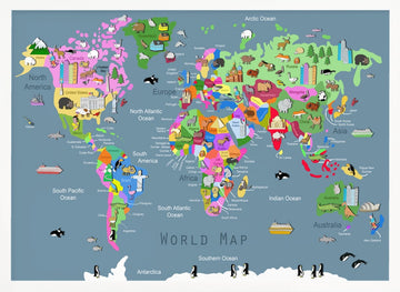 Colorful World Animal Map | Poster - White Frame Interior