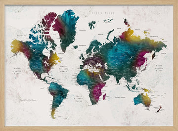 Vibrant Watercolor World Map | Poster - Wood Frame Interior
