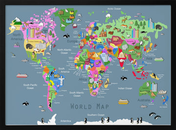 Colorful World Animal Map | Poster - Black Metal Frame Interior