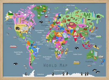 Colorful World Animal Map | Poster - Wood Frame Interior