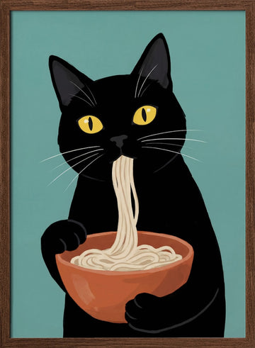 Black Cat Eating Noodles | Poster - Walnut Frame Interior